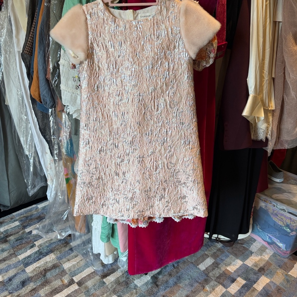 Elegant Pink Textured Kids Dress with fur sleeves